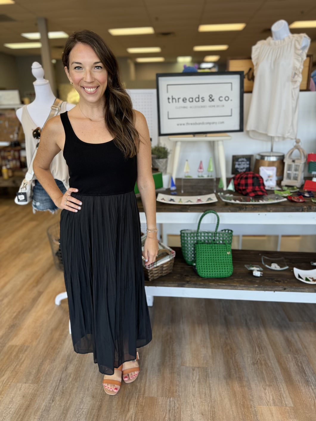 BLACK PLEATED SKIRT TANK DRESS