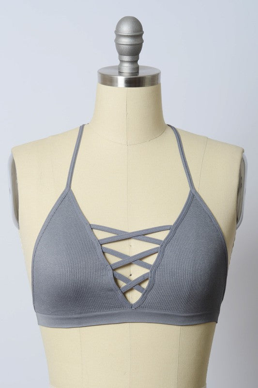 Seamless Lace Up Racer Back Bralette (GRAY)
