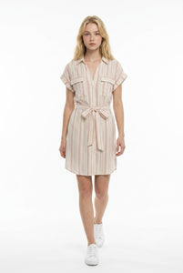 short sleeve collared dress PINK STRIPE COLLARED SHORT SLEEVE BELTED SHIRT DRESS – Threads & Co