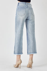 RISEN: HIGH RISE FRAYED ANKLE WIDE JEANS