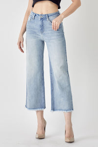 RISEN: HIGH RISE FRAYED ANKLE WIDE JEANS