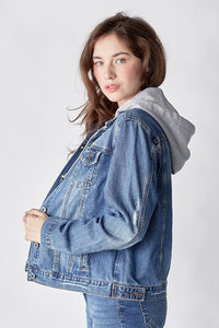 RISEN: MEDIUM WASH JEAN JACKET W/ HOOD