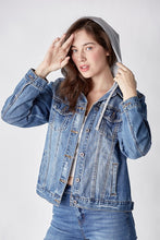 Load image into Gallery viewer, RISEN: MEDIUM WASH JEAN JACKET W/ HOOD