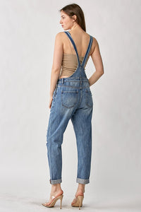 RISEN: DISTRESSED RELAXED FIT OVERALLS