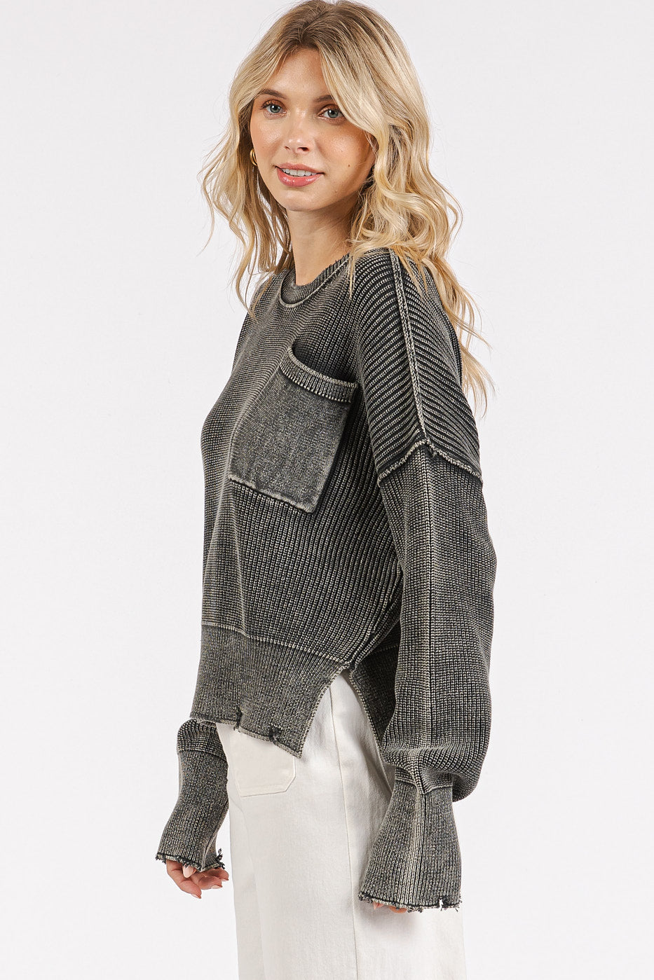 Grey Mineral Wash Knit Sweater With Pocket