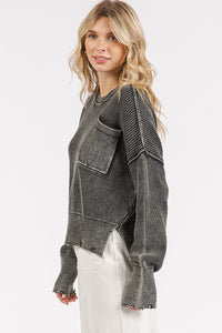 Grey Mineral Wash Knit Sweater With Pocket