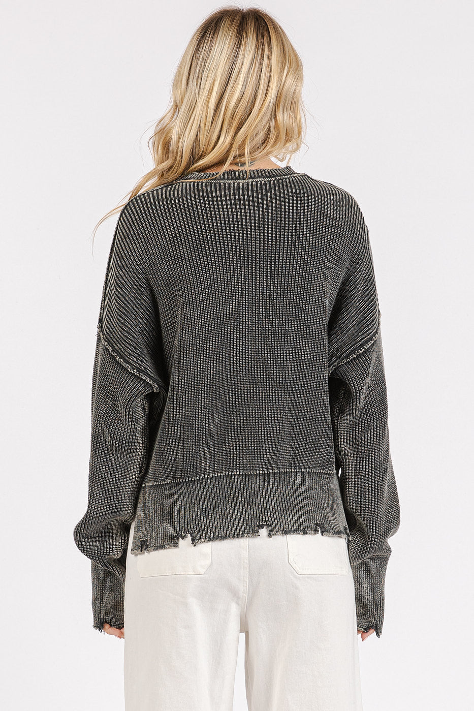 Grey Mineral Wash Knit Sweater With Pocket