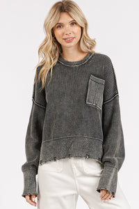 Grey Mineral Wash Knit Sweater With Pocket