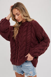 CABLE KNIT SWEATER TUNIC- Wine