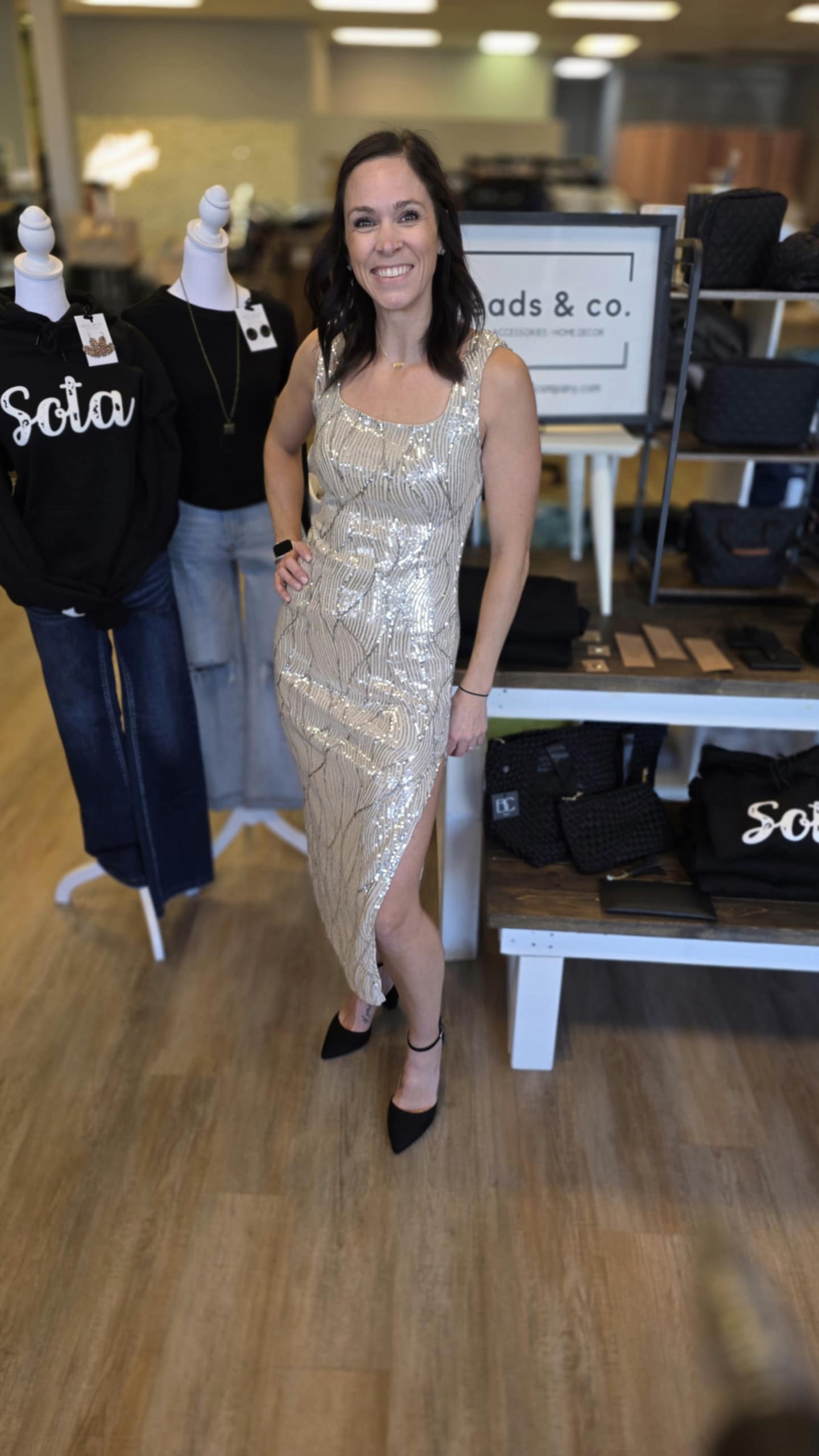 BEIGE SEQUIN SQUARE NECK DRESS