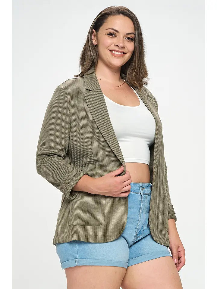 OLIVE SHIRRED SLEEVE TEXTURED BLAZER