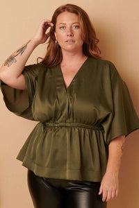 GREEN SATIN PEPLUM TOP