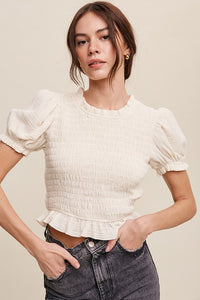 CREAM SMOCKED CROP TOP