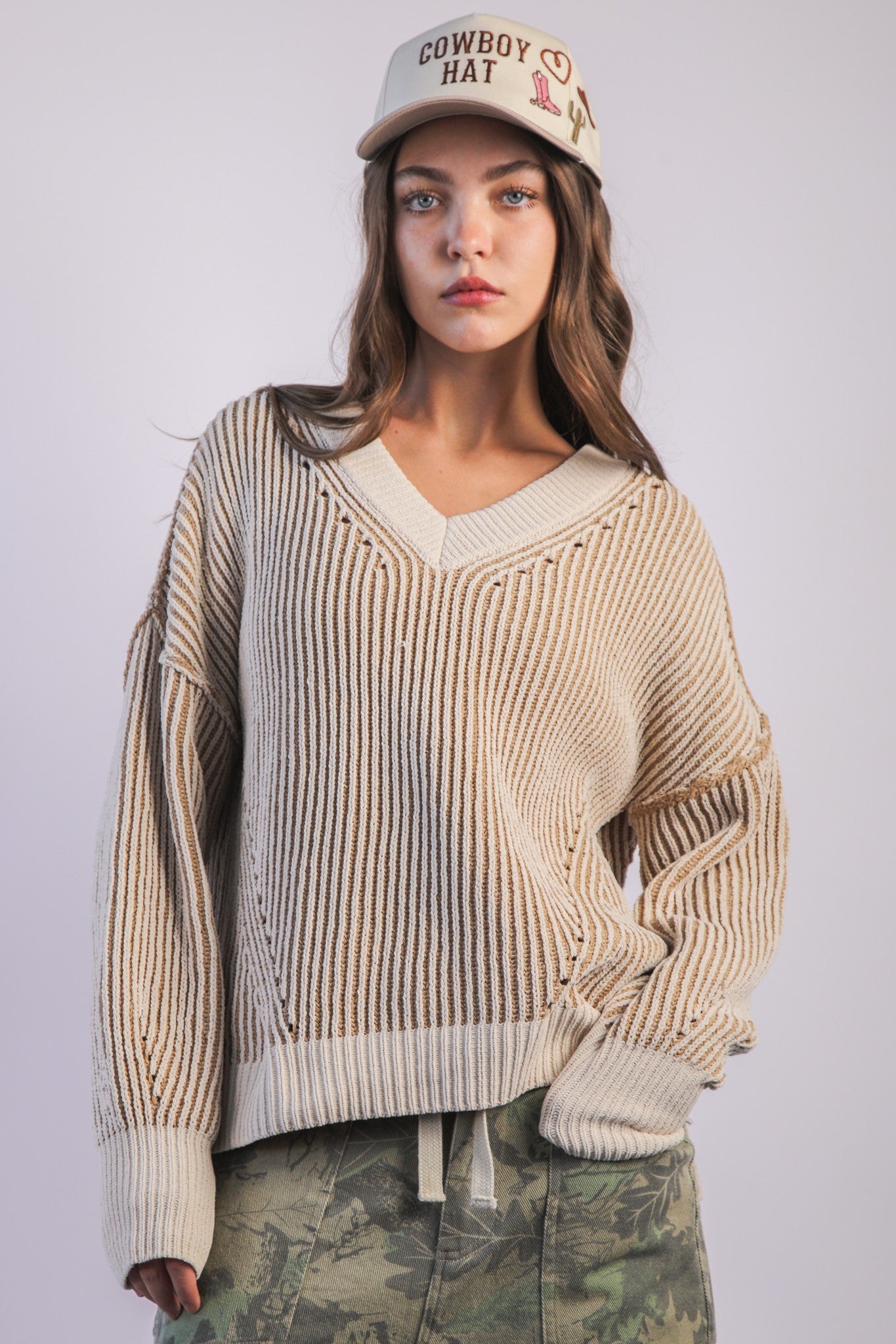 Cream Oversized Two Tone Knit Sweater
