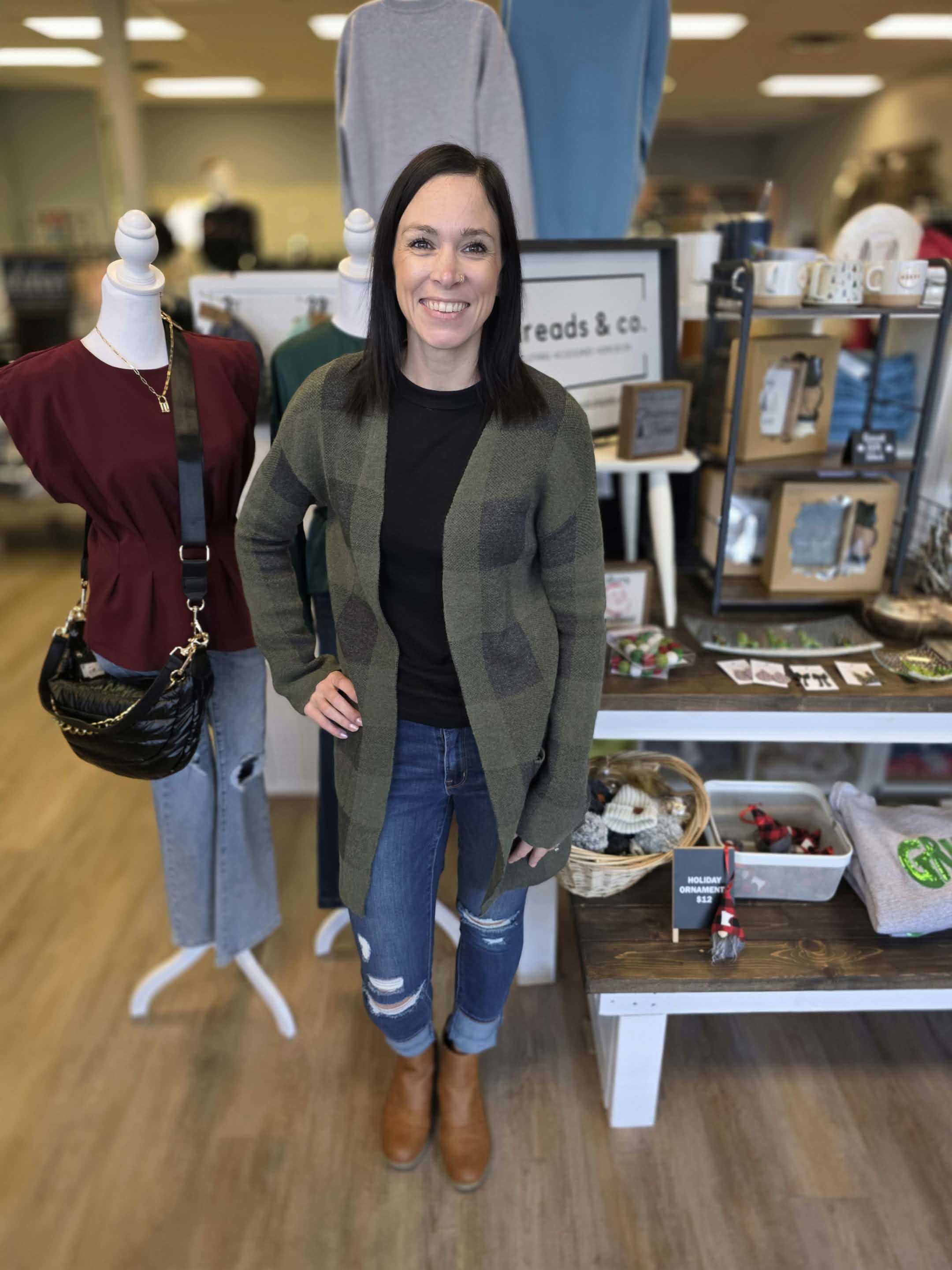 Olive Green and Black Plaid Cardigan