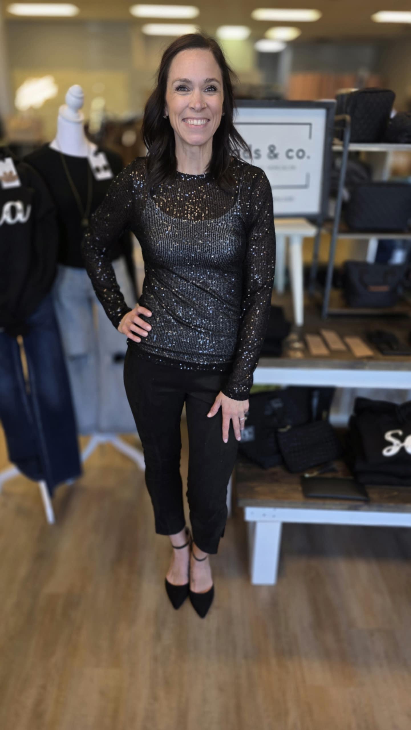 Black Sequin Long Sleeve Top