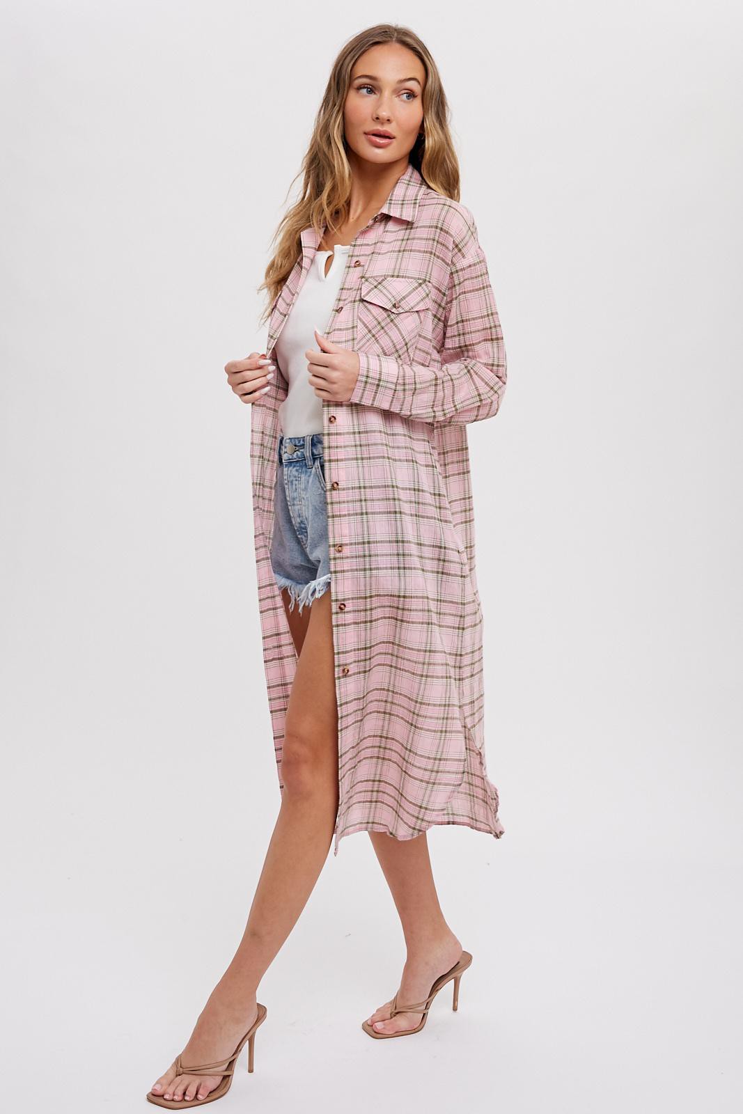 PINK PLAID LONG CARDIGAN