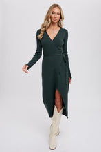 Load image into Gallery viewer, RIBBED GREEN WRAP SWEATER DRESS