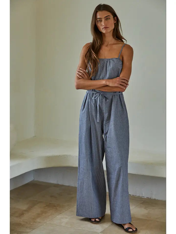 BLUE STRIPE WIDE LEG ROMPER