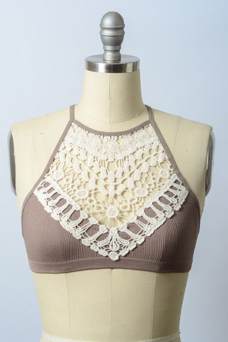 Crochet Lace High Neck Bralette (MOCHA)