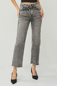 RISEN: GREY HIGH RISE CROP FREYED HEM