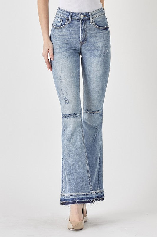 RISEN: MID RISE DISTRESSED SHADOW HEM FLARE