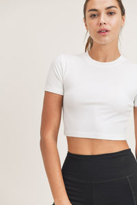Essential Micro-Ribbed Cropped Athleisure Tee  (White)