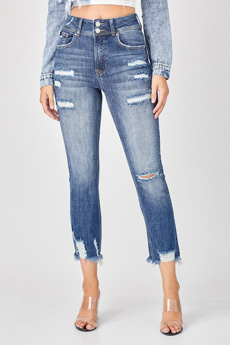 RISEN:HIGH RISE DOUBLE BUTTON WITH DESTROYED HEM JEANS