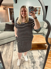 Load image into Gallery viewer, BLACK &amp; WHITE STRIPED TSHIRT DRESS (all sales final)