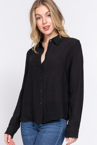 BLACK CRINKLE BUTTON DOWN TOP