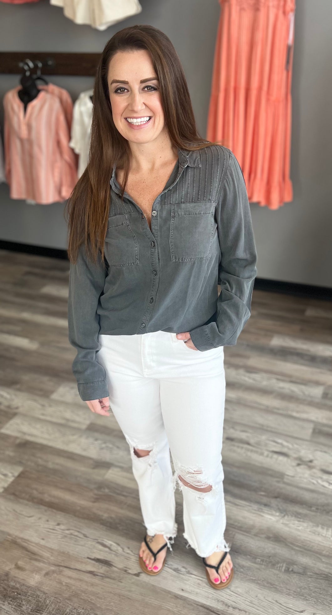 GREY BUTTON UP TOP