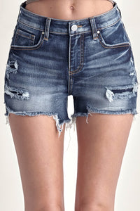 Risen: Mid Rise Patched Jean Shorts (Dark)